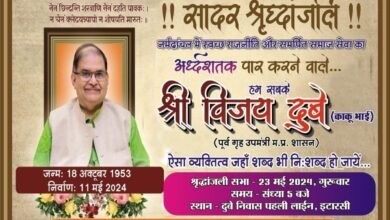 Photo of कांग्रेस के वरिष्ठ नेता स्व.विजय दुबे (काकू भाई) की श्रद्धांजलि सभा आज शाम 5:00 बजे,पहली लाइन स्थित निवास स्थान पर आयोजित की जाएगी.